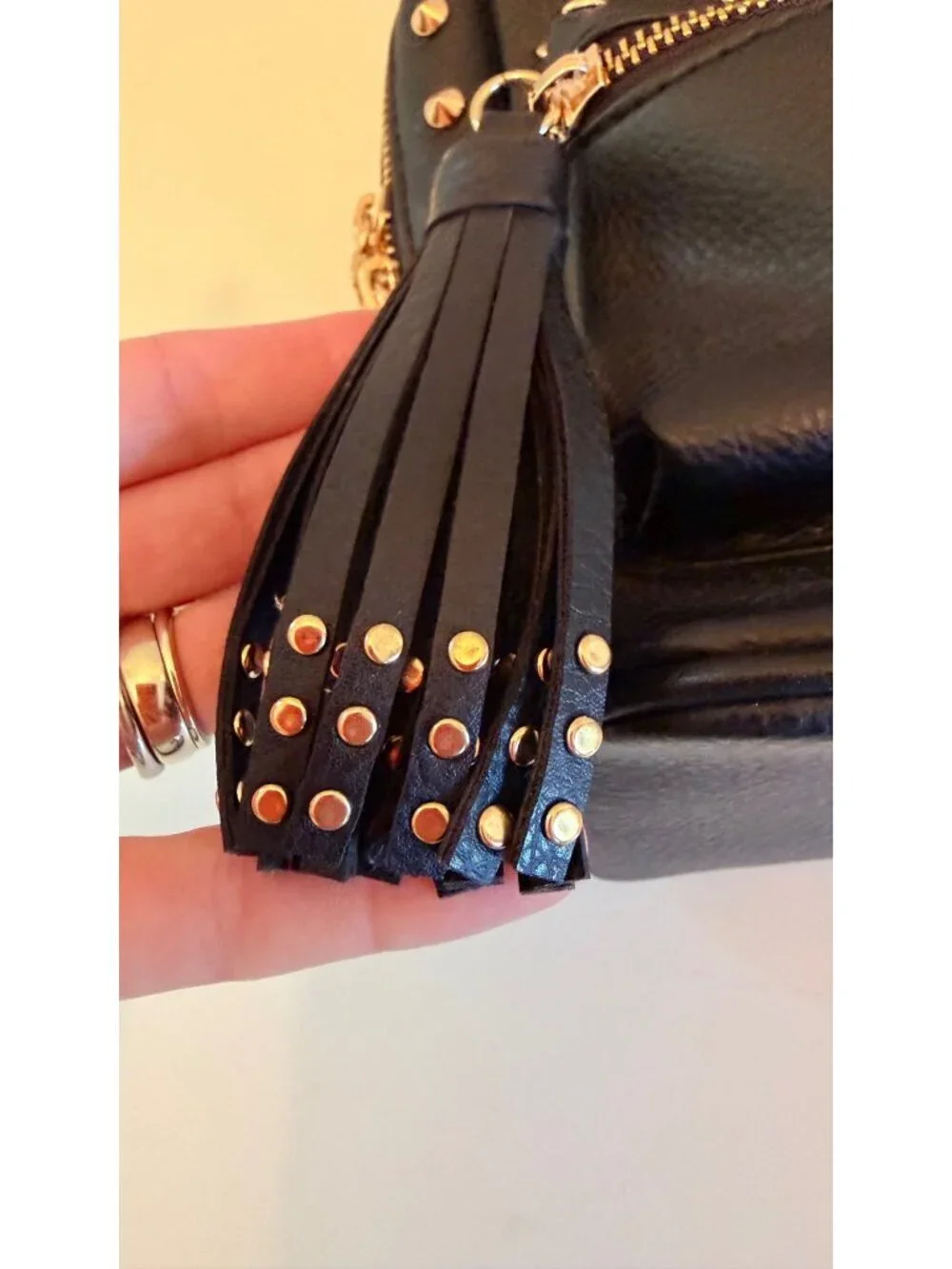 Bebe Black Mini Backpack Purse With Gold Studs & Tassel Accent